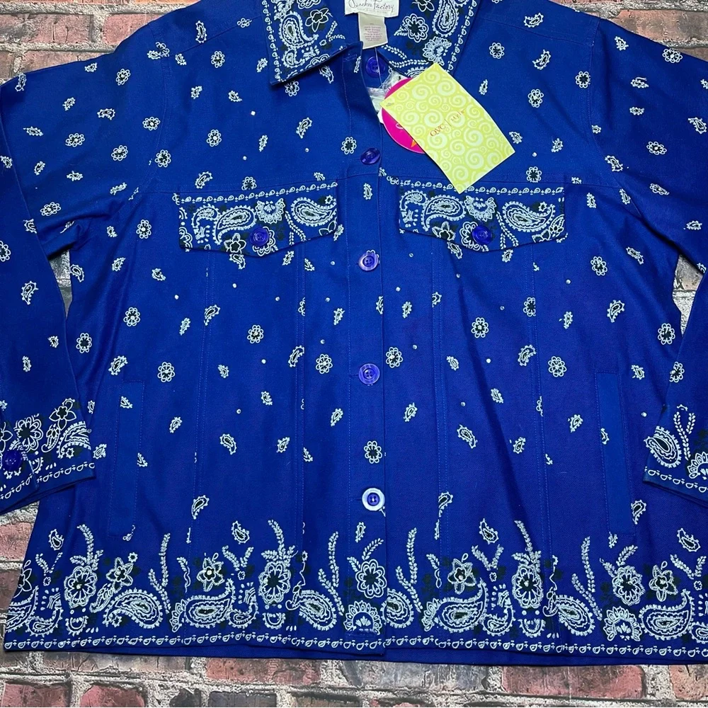 Vintage Quacker Factory Shirt Women’s XL Blue Bandana Print Button Old Stock - Picture 2 of 6